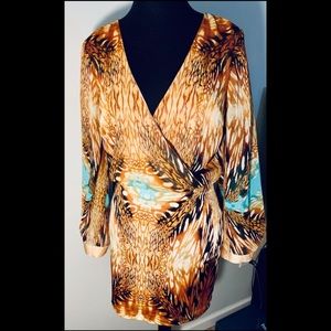 Bebe Brown, Tan Turquiose Sheer Bell Sleeves Deep V Dress NWT